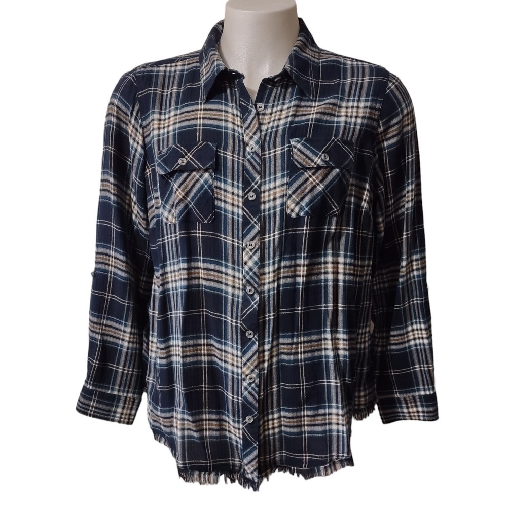 Westport 1962 Shirt 1X Women Boho Grunge Cabin Core Plaid Fringe Hem Relaxed Blu